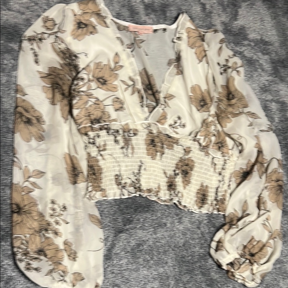 Floral Smocked Blouse - Cream and Brown